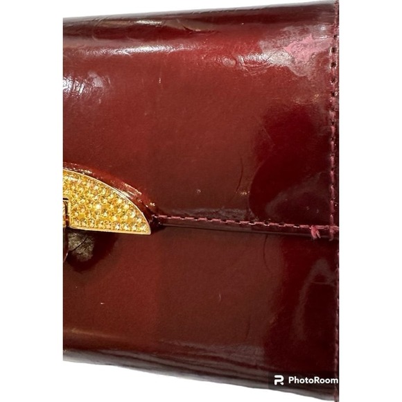LOVCAT Paris Burgundy Heart Embossed Patent Leather Rhinestone Flap Wallet - Picture 2 of 8
